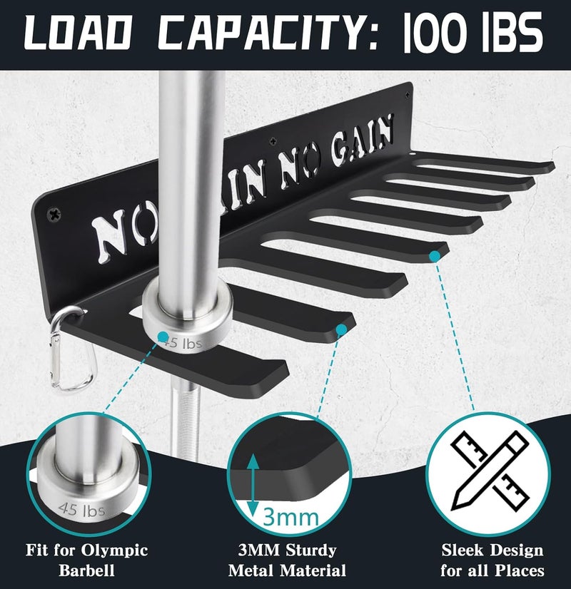 WIPHANY Black Rack 8 Hooks Metal Heavy-gauge Workout Rack Wall Mount Organizer Multi-Purpose Workout Gear Storage for Sports Gears Barbells Lifting Belt Fitness Band Carabiners Included With Uplifting Words - Image 4